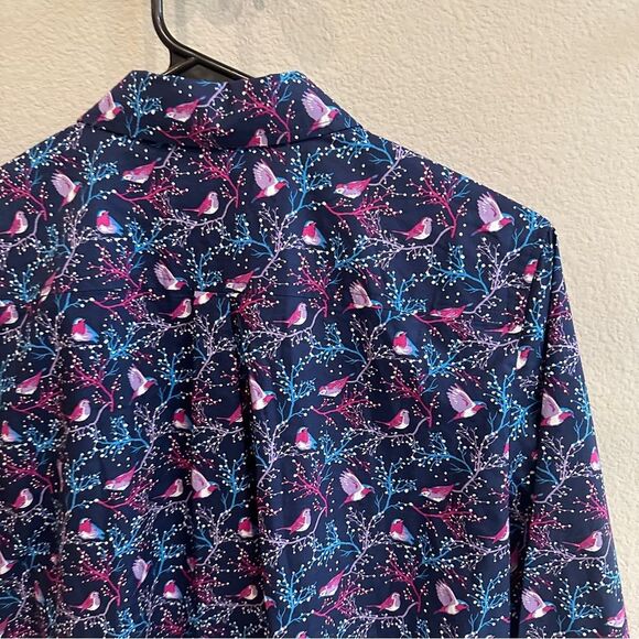 Talbots Sz small Festive Cardinals Bird Blue Pink Blouse Shirt Top Button Artsy - Picture 4 of 5